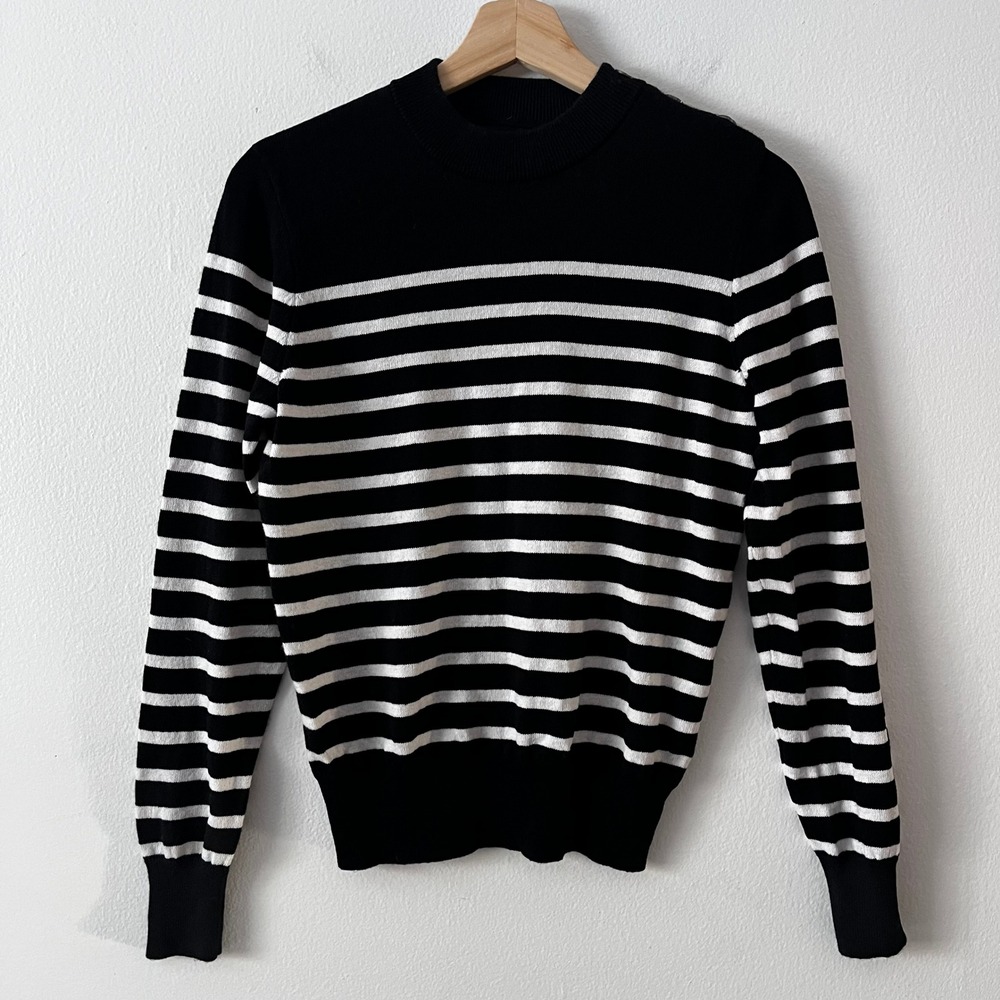 Monoprix Wool Blend Striped Crew Neck‎ Sweater Button Shoulder Black size small